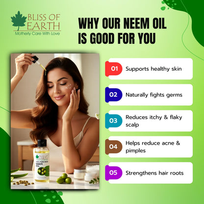 Bliss of Earth Neem Oil 100ml Pure Cold Pressed Natural Neem Oil for Skin, Scalp Care, Hair Dandruff & Hair Growth Support