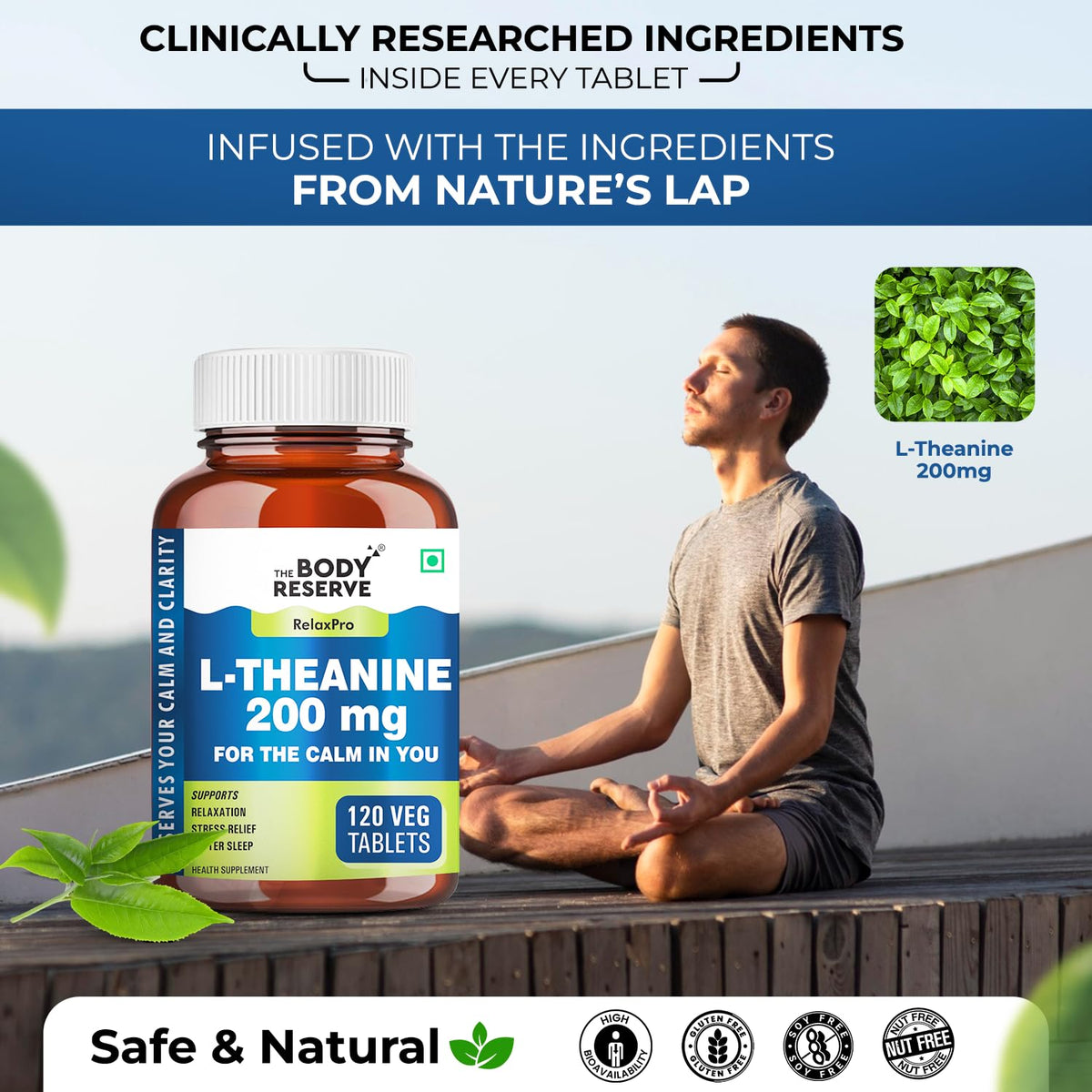 Body Reserve L-Theanine supplement bottle with a man meditating outdoors, featuring nature-themed graphics.