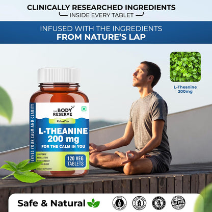 Body Reserve L-Theanine supplement bottle with a man meditating outdoors, featuring nature-themed graphics.