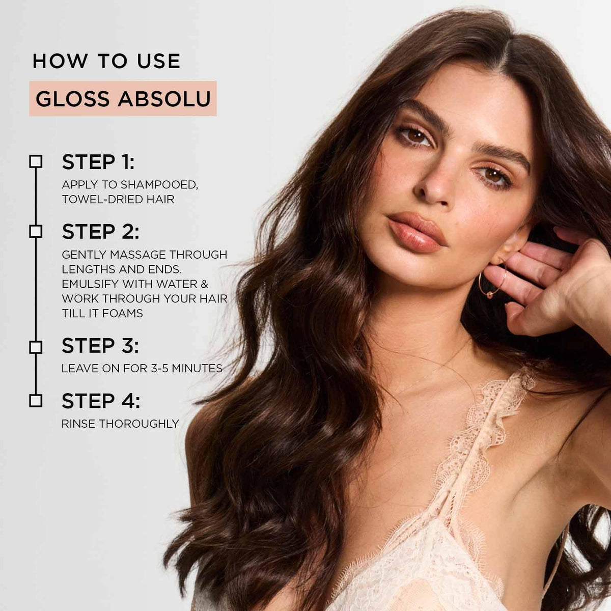 Woman with styled hair and steps to use Gloss Absolu on a white background
