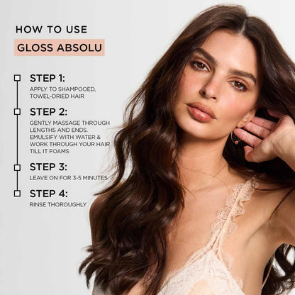 Woman with styled hair and steps to use Gloss Absolu on a white background
