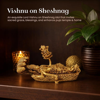 Brass Lord Vishnu Ji Laying on Sheshnaag | Handcrafted Vishnu Murti for Home Temple & Pooja Room (Design01: L8 x W3 x H4 cm)