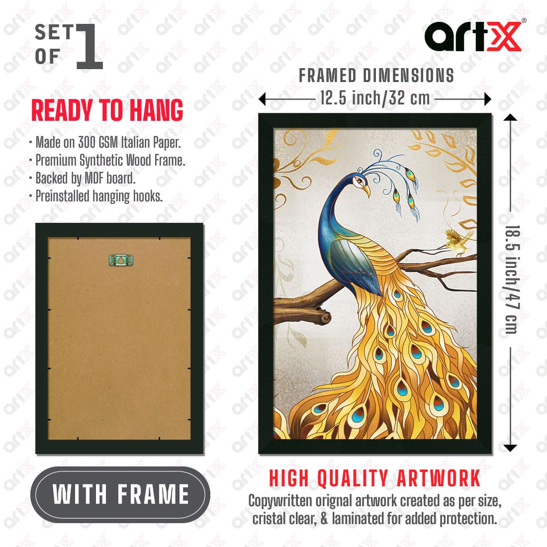 Peacock Painting For Wall Vastu with Frame for Home Decoration, Painting for Living Room, 12.0 X 18.0 inches, Set Of 1