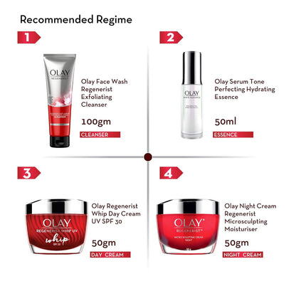 Olay skincare product recommended regime with Face Wash, Serum, Day Cream, and Night Cream displayed.