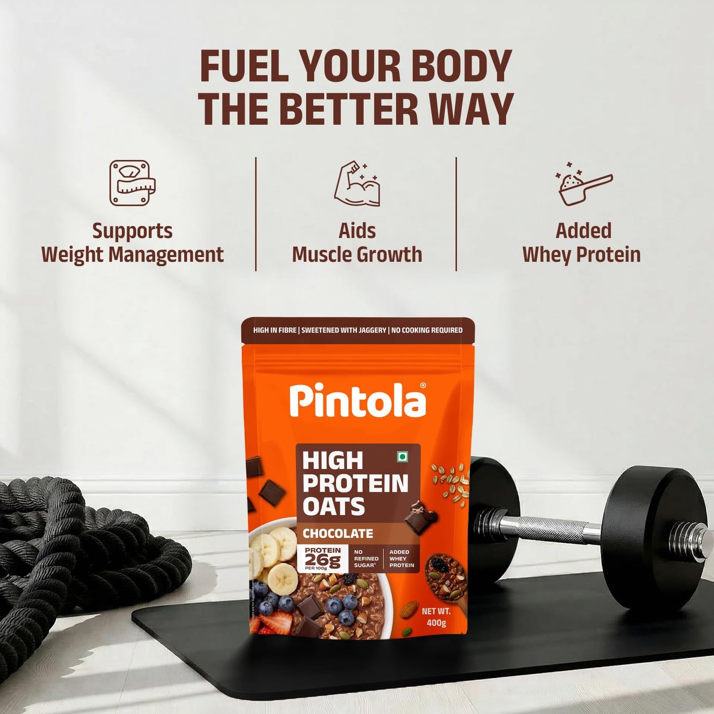 PINTOLA 26g High Protein Oats 400g, Dark Chocolate, No Refined Sugar, with Almonds, Raisins, Pumpkin & Chia Seeds, 9.6g Fibre, Rolled Oats for Weight Loss, Breakfast Cereals | Gluten Free