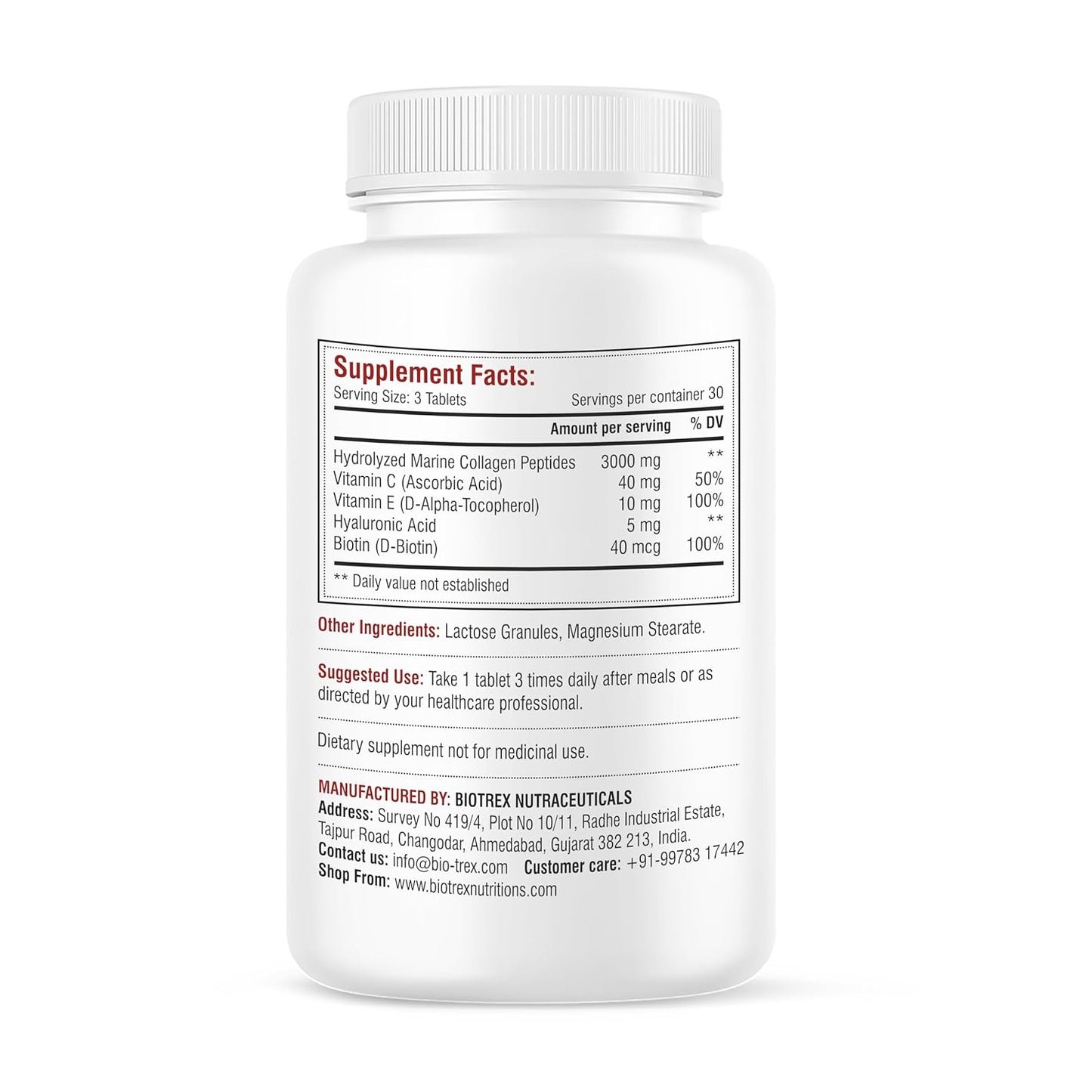 Biotrex Nutraceuticals Marine Collagen 3000mg Peptides With Biotin, Hyaluronic Acid, Vitamin C & E, Type 1 Marine Collagen, Healthy Hair, Skin, Nails, For Men & Women - 90 Tablets