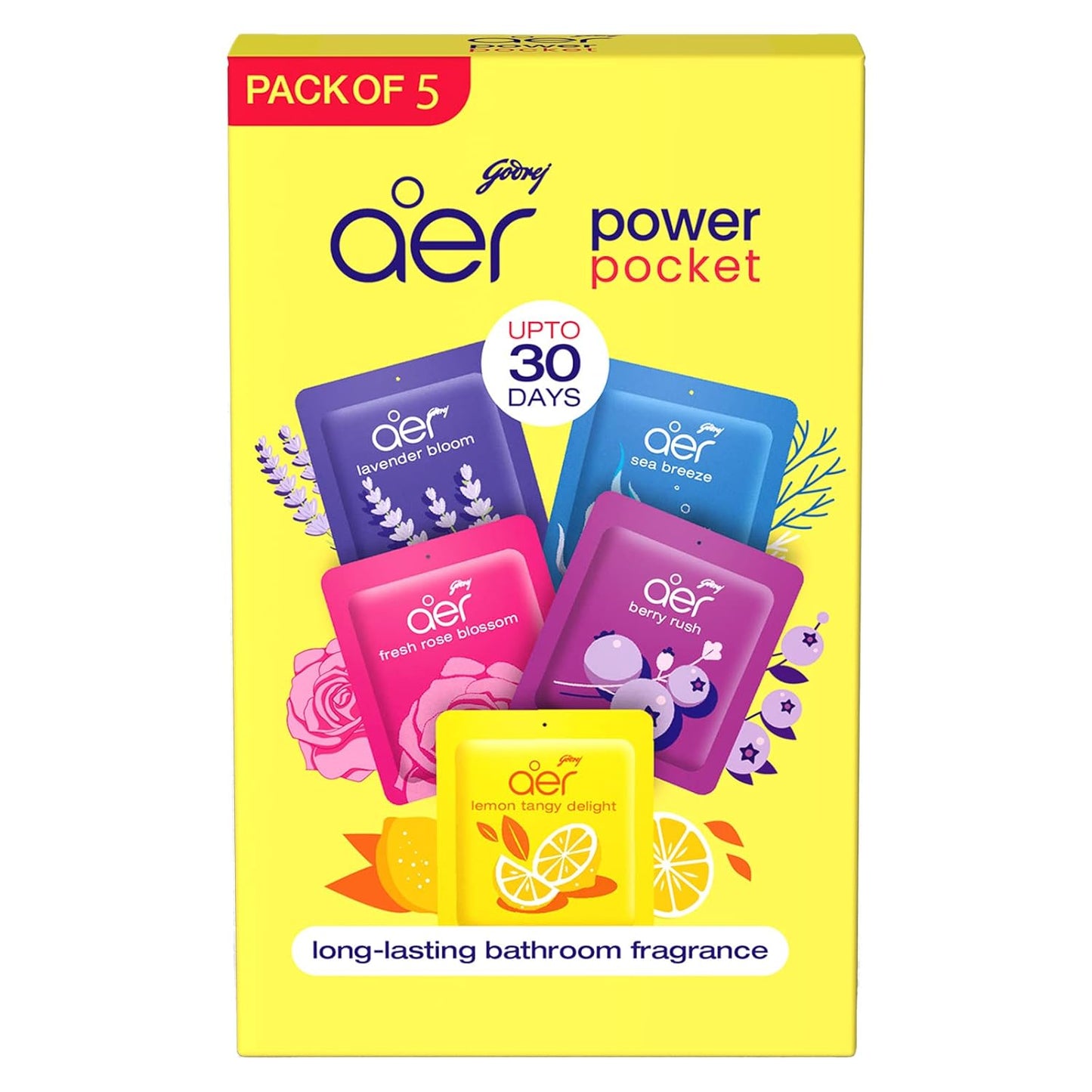 Godrej Aer Power Pocket Bathroom Freshener – Assorted Pack of 5 - 50g (5x10g) | Lasts up to 30 days | Germ Protection