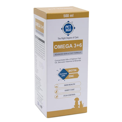 PET360 Omega 3+6 Concentrated Salmon Fish Oil for Dogs & Cats with Vitamins & Minerals | Shinier Coat, Itch & Allergy Control | Improves Skin & Hair Health | Nutritional Supplement for Pets - 500 ml