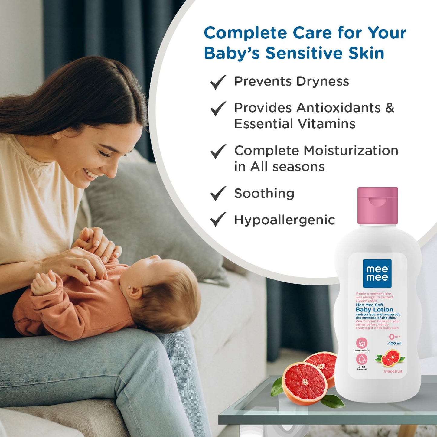 Mee Mee Baby Lotion – Moisture-Rich Cream-Lotion with Triple Botanical Moisture-Lock System | Infused with Chamomile, Olive & Grapefruit Extracts | Hypoallergenic, pH-Balanced & Alcohol-Free for Newborns & Sensitive Skin | 400 ml