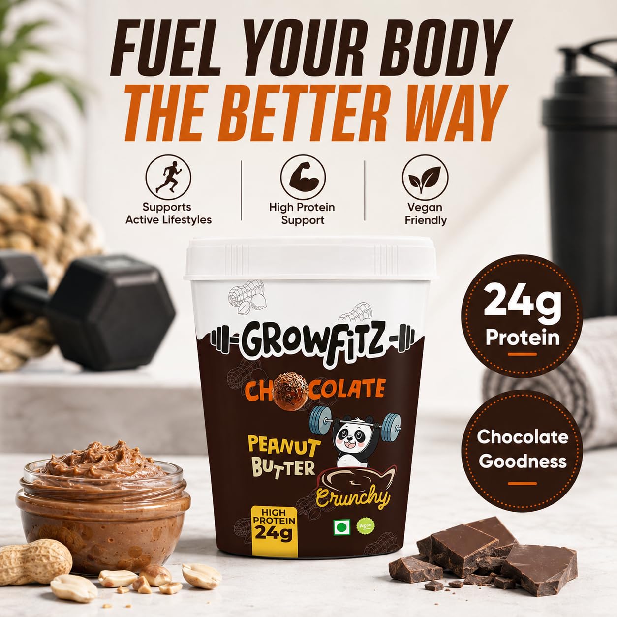 Growfitz CHOCO LAVA Peanut Butter | Indulgent Chocolate Taste | 24 g High Protein | Crunchy Peanut Butter Spread | No Palm Oil | No Added Sugar | Protein Rich, 800g - Pack of 1