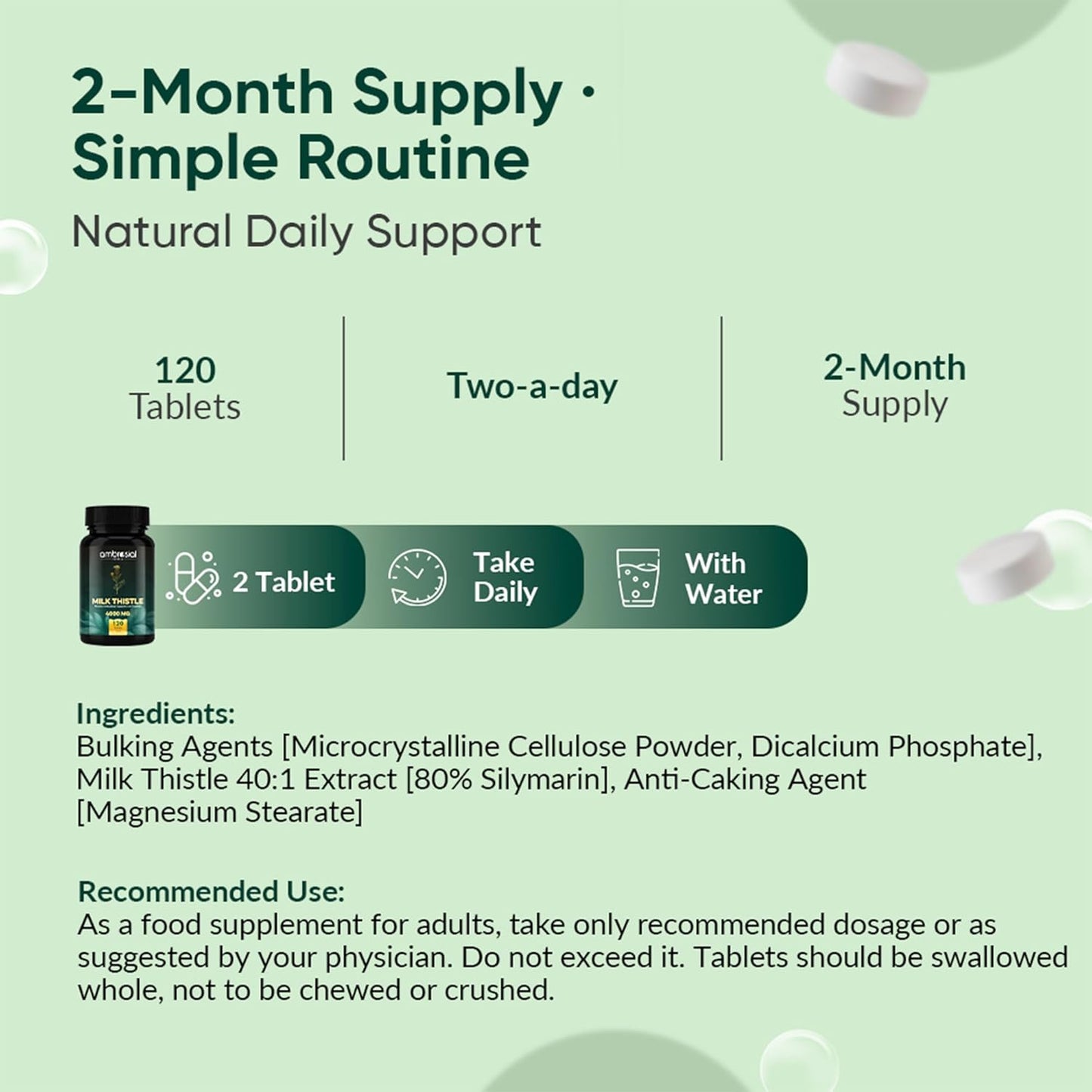 Supplement packaging with information on a 2-month supply, daily routine, and product details.