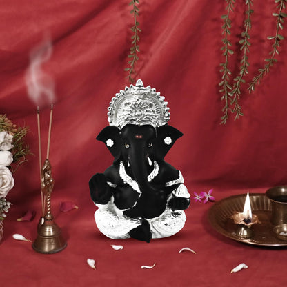 999 Silver Plated Ganesha Idol for Home Decor Puja |Ganesh Idol for Home Decor Ganpati for Gift 3.5 inches |Ganesh Statue Gift for Office Desk Puja Room Figurine (8.89 x 5.08 cm) (Black)