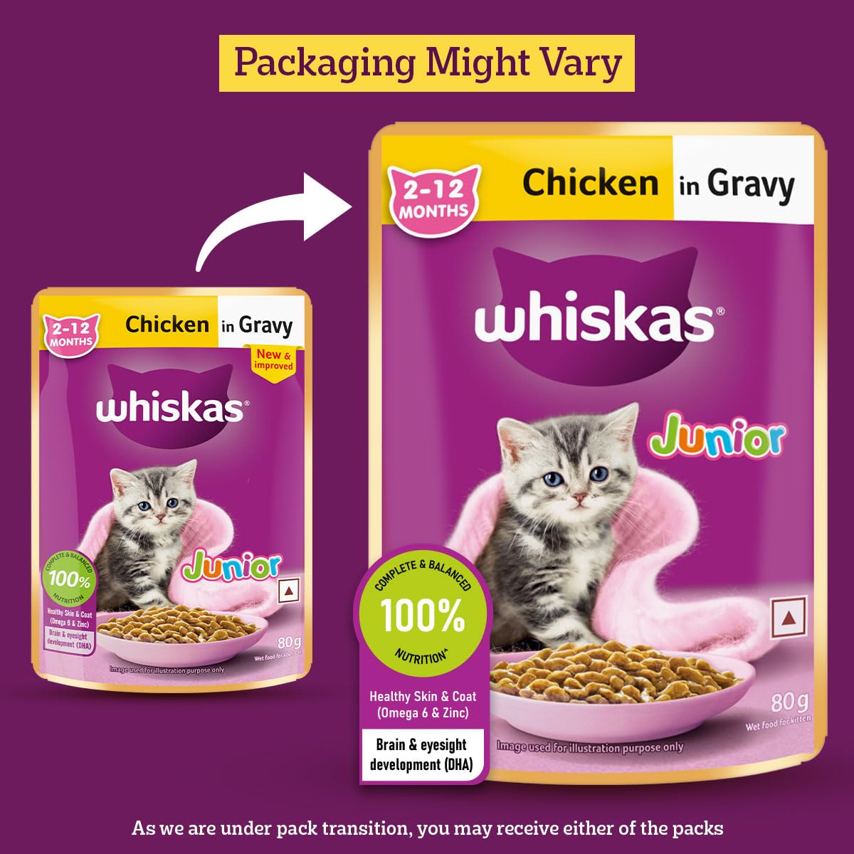 Whiskas Junior Kitten (2-12 Months) Wet Cat Food, Chicken in Gravy, 80 g Hydrating Food Made With Real Chicken, 100% Complete & Balanced Nutrition for Kittens