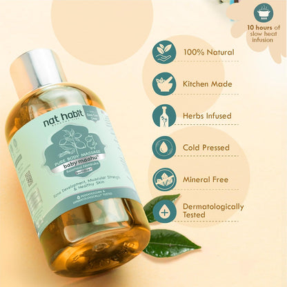 Nat Habit Baby Massage Oil Summer Maahu Balamool Nimbuka For Bone Development, Muscular Strength & Healthy Skin - Suitable For Ages 0 to 12 years - Zero Chemicals & Preservatives - 100ml