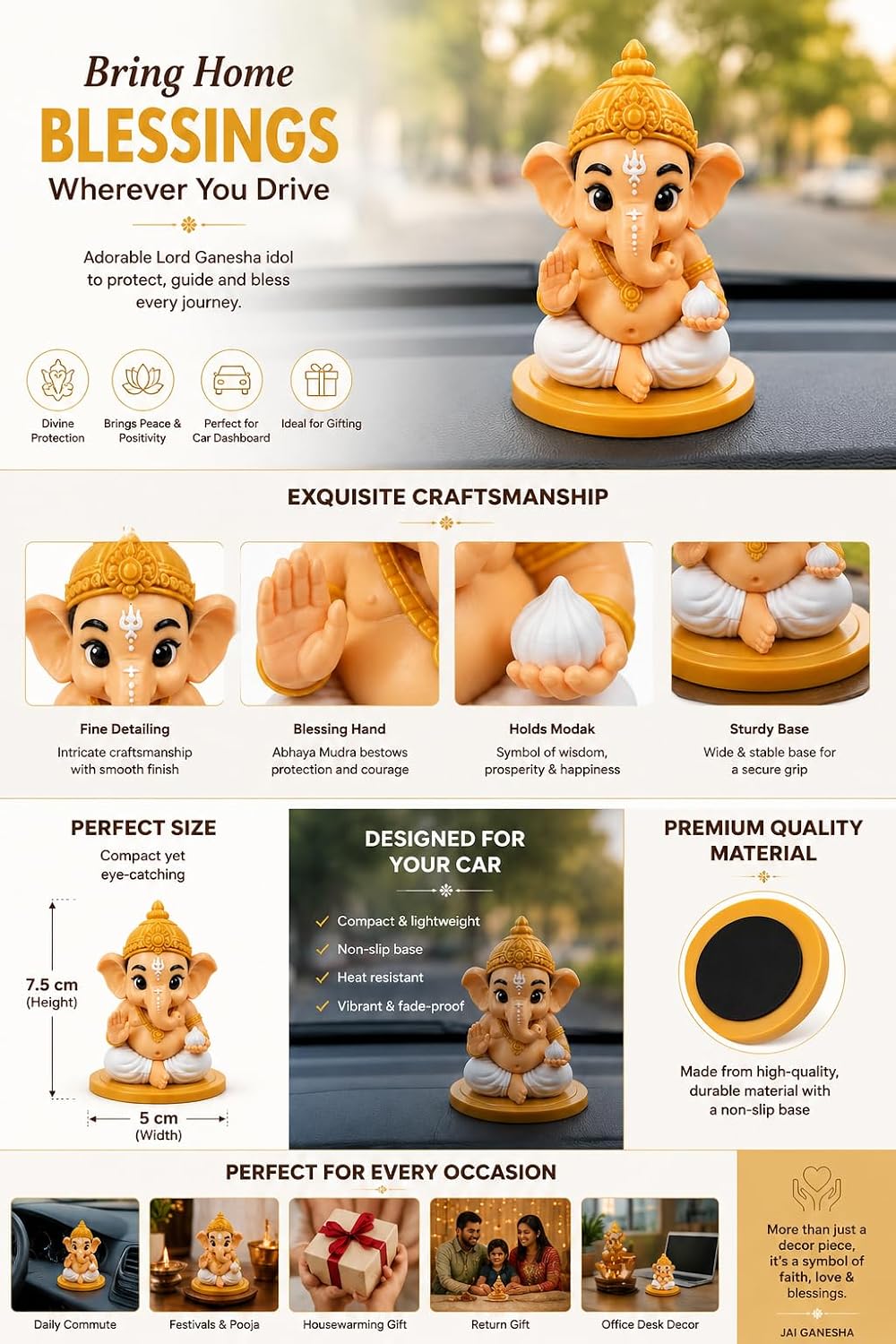 VASPAR Baby Ganesha Idol Cute Ganpati Figurine with modak Hindu God Statue for Car Dashboard, Pooja Room & Home Decor | Premium Finish Spiritual Gift Golden & White