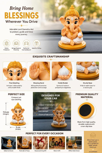 VASPAR Baby Ganesha Idol Cute Ganpati Figurine with modak Hindu God Statue for Car Dashboard, Pooja Room & Home Decor | Premium Finish Spiritual Gift Golden & White