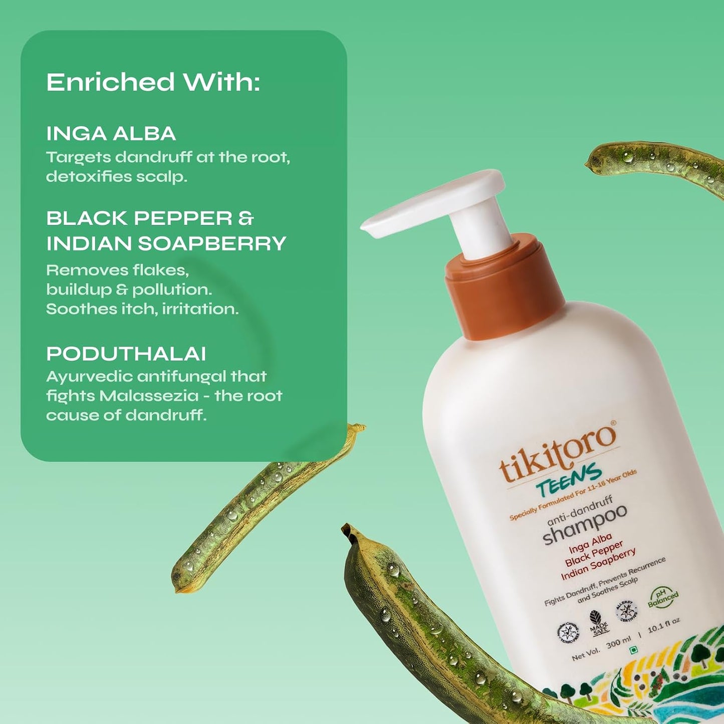 Tikitoro Teens Anti-dandruff Shampoo 100% Vegan with Aloe vera, Provitamin B5, Hibiscus, Rice Protein, Cleanses Scalp, Conditions Hair No Parabens & Sulphates (300ml x 1)
