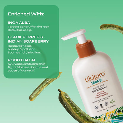 Tikitoro Teens Anti-dandruff Shampoo 100% Vegan with Aloe vera, Provitamin B5, Hibiscus, Rice Protein, Cleanses Scalp, Conditions Hair No Parabens & Sulphates (300ml x 1)