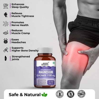 Body Reserve Magnesium Glycinate supplement with a person holding their knee showing pain, and listed health benefits on a light gray background.