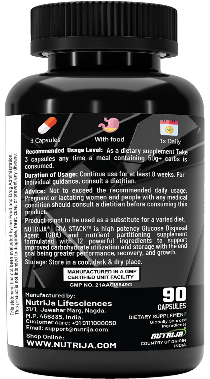 NutriJa GDA Stack | Berberine HCL 98% Standardized, Chromium, ALA, Botanicals and Enzyme |12 Ingredient Blend- 90 Capsules