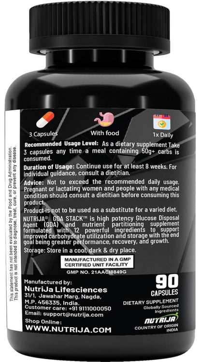 NutriJa GDA Stack | Berberine HCL 98% Standardized, Chromium, ALA, Botanicals and Enzyme |12 Ingredient Blend- 90 Capsules