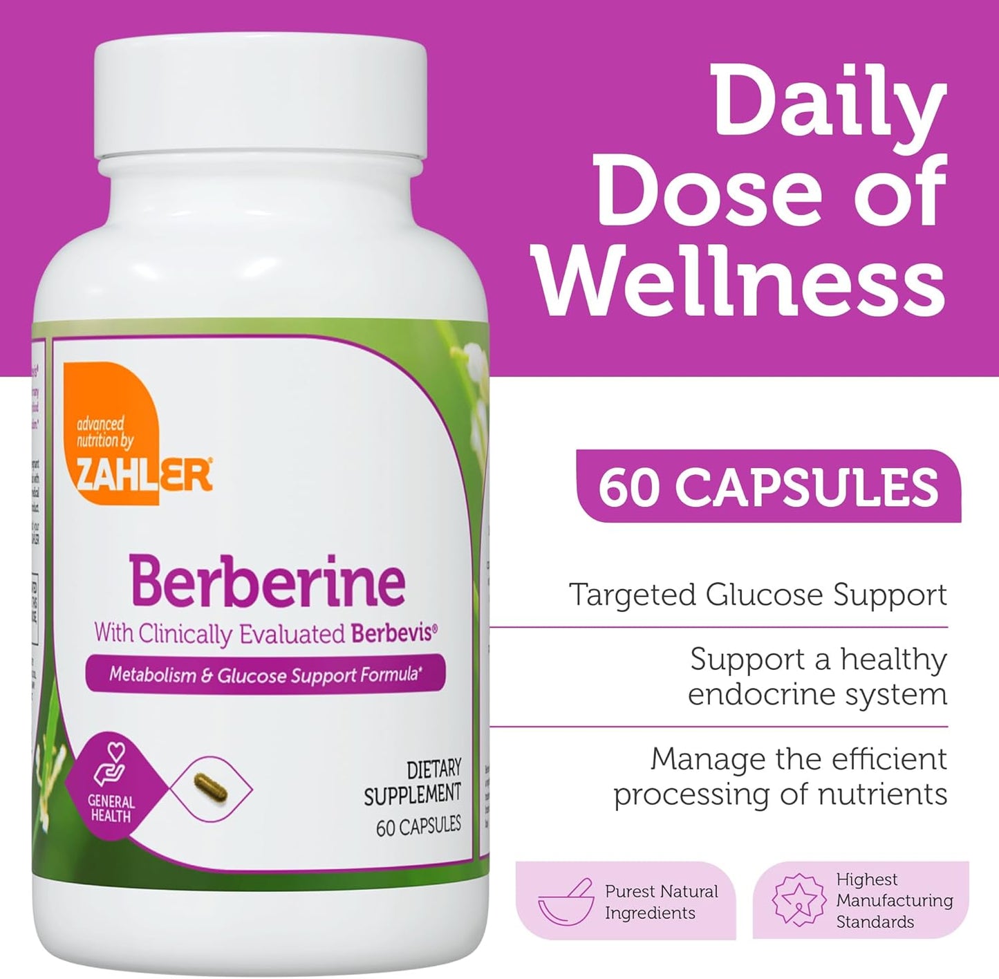Supplement bottle labeled 'Berberine' by Zahler with purple background and text about wellness and glucose support.