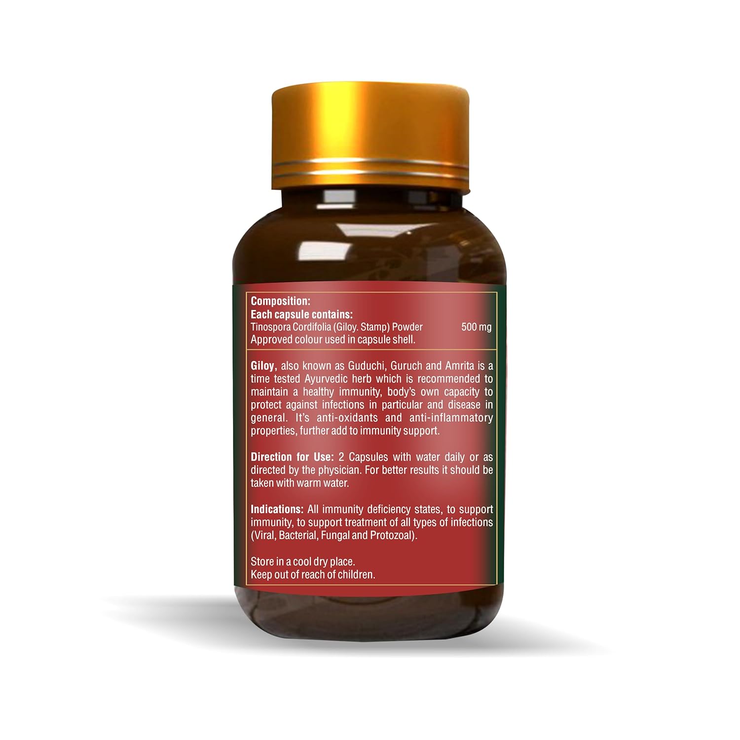 Bottle of capsules with a gold cap and red label on a white background