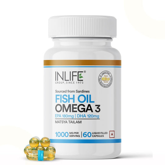 INLIFE Fish Oil Capsules Omega 3 1000mg | 180mg EPA & 120mg DHA | Supports Brain, Heart, Joint & Eye Health - 60 Liquid Filled Capsules
