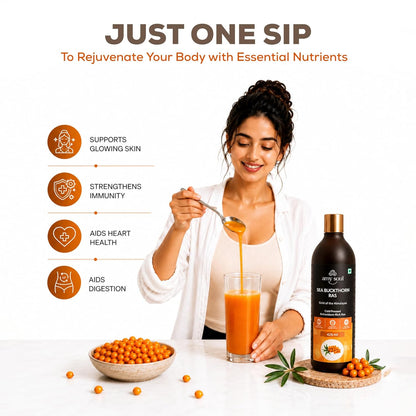 Sea Buckthorn Juice 425ml | Natural Wellness Drink with Vitamin C, Omega 3 6 7 9 & Antioxidants | Sea Buckthorn Ras for Immunity Support, Skin & Hair Wellness, Energy & Digestion | Dark Glass Bottle | No Added Preservatives