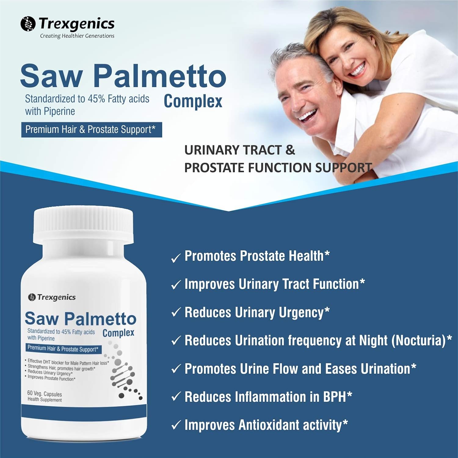 Advertisement for Trexegenics Saw Palmetto Complex with a couple in the background