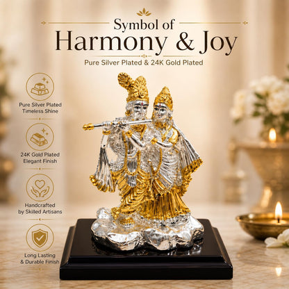 Silver & 24K Gold Plated Radha Krishna Idol for Gift 3.7 Inch | Radhe Krishna Murti for Wedding Gift, for Couple, House Warming Gifts, Pooja Room Decor