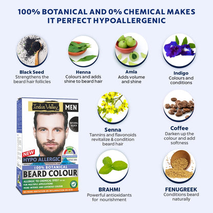 Indus Valley Men's Beard Colour packaging with botanical ingredients displayed on a white background