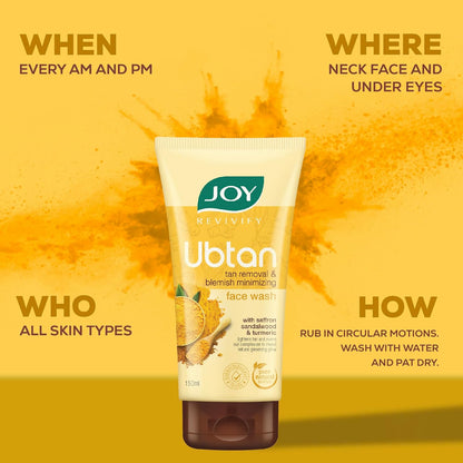 Joy Ubtan Tan Removal Face Wash 100ml | Detans, Removes Dirt & Blemishes for a Natural Glowing Skin | Enriched With Turmeric, Saffron & Sandalwood | Suitable for All Skin Types