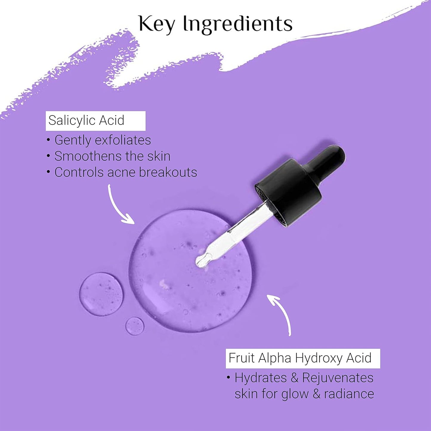 Diagram of salicylic acid and fruit alpha hydroxy acid with a dropper on a purple background
