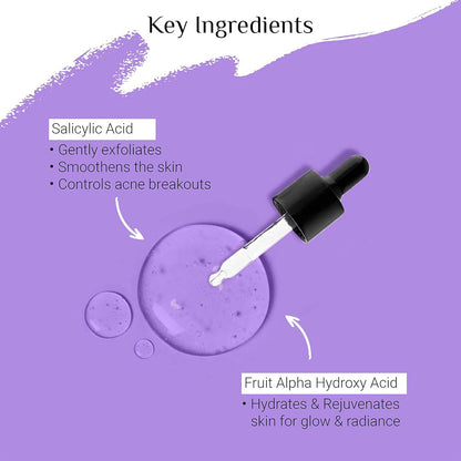 Diagram of salicylic acid and fruit alpha hydroxy acid with a dropper on a purple background