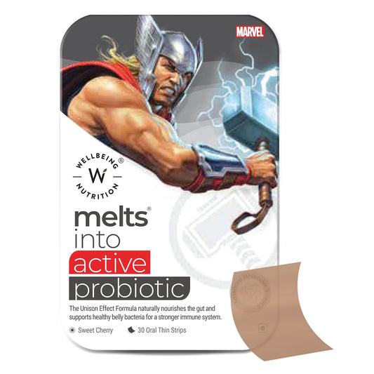 Wellbeing Nutrition Marvel Thor Melts | Active Probiotics & Prebiotics for Kids (6+) to Improve Digestion, Immunity & Gut Health | Kids Health Supplement | Sweet Cherry Flavor (30 Oral Strips)