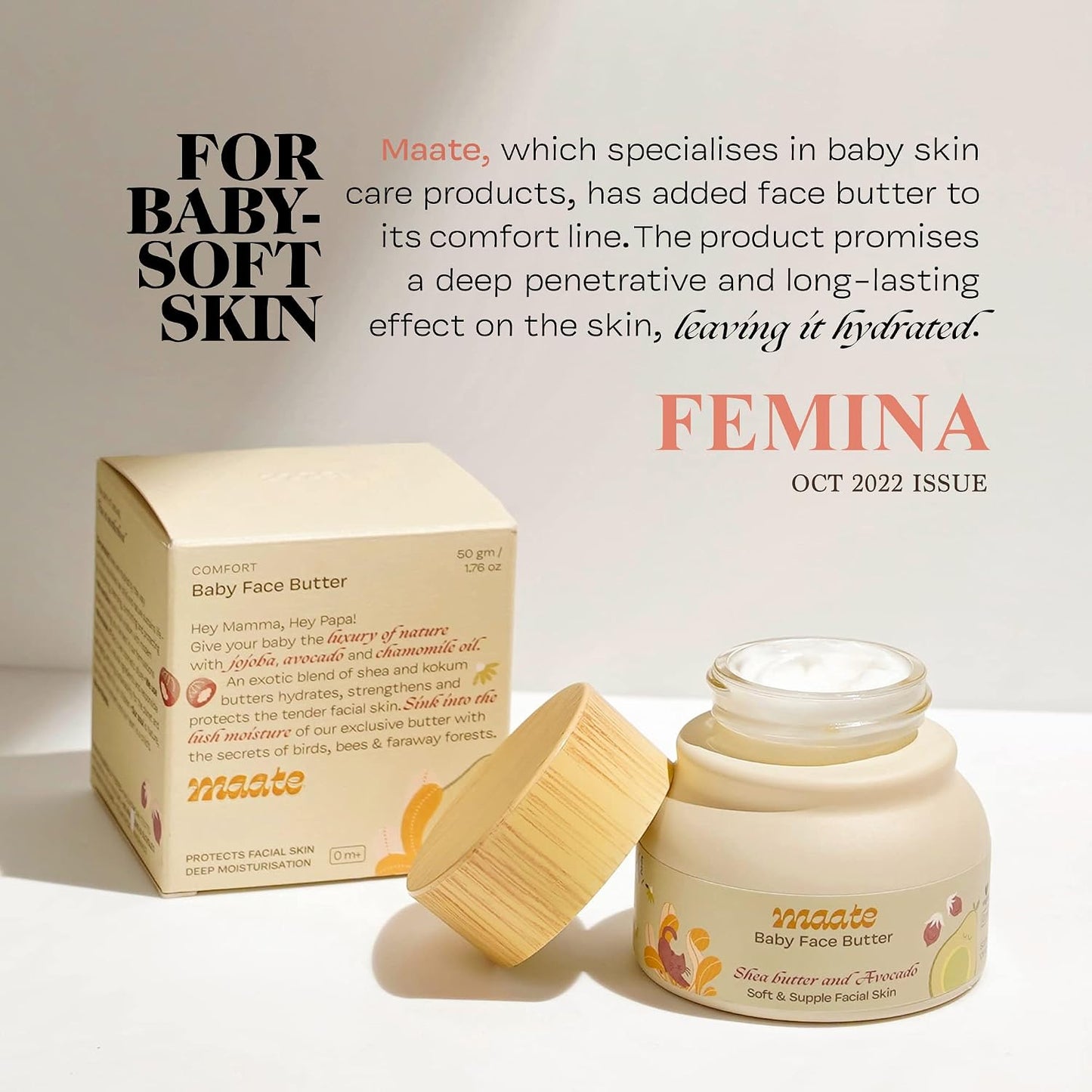 Maate Baby Face Butter 50 gm | Enriched with Shea Butter & Avocado | Soft, Nourished & Supple Facial Skin | Light & Quick Absorbing Lotion | Moisturizing Cream For Face | For Babies & Kids 0m+
