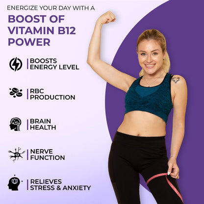 Woman flexing arm with text about vitamin B12 benefits on a purple and white background