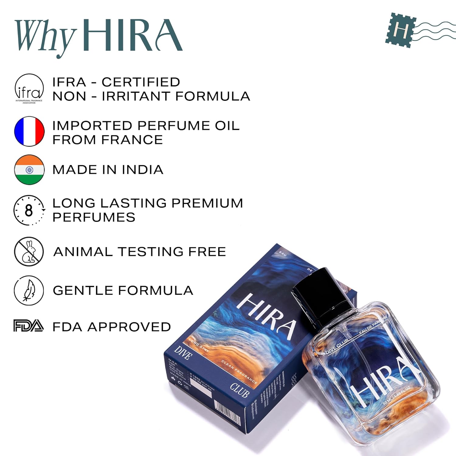 HIRA perfume bottle and packaging with certification details on a white background