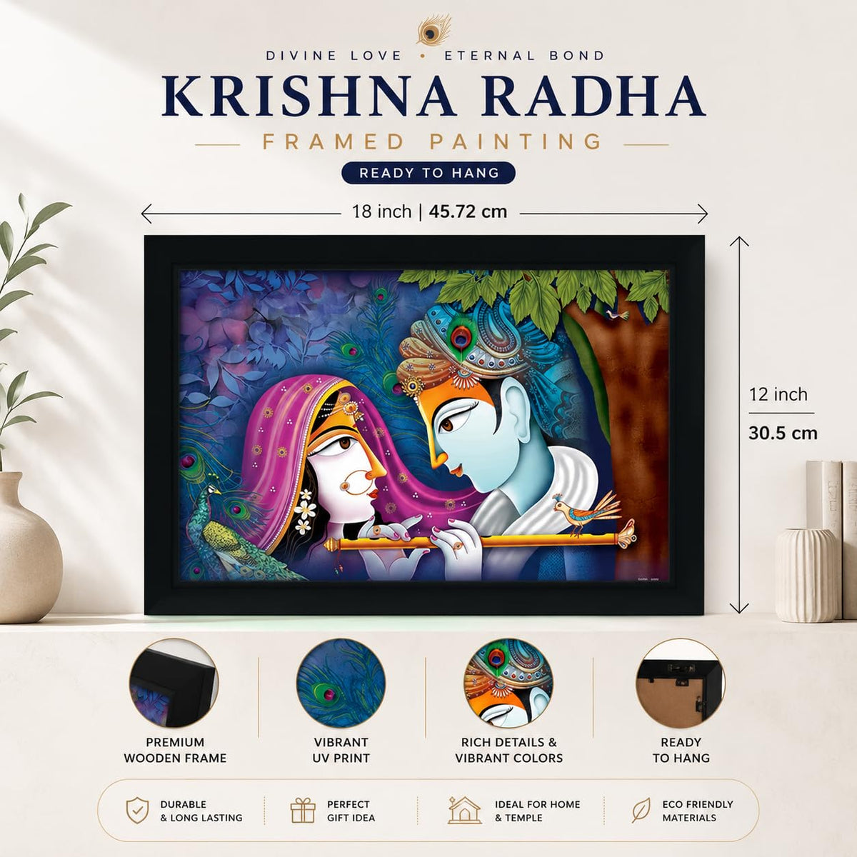 Krishna Radha Art Framed painting | Ready to hang | Absolute Best in Class - (Wood, 12inch x 18 inch)