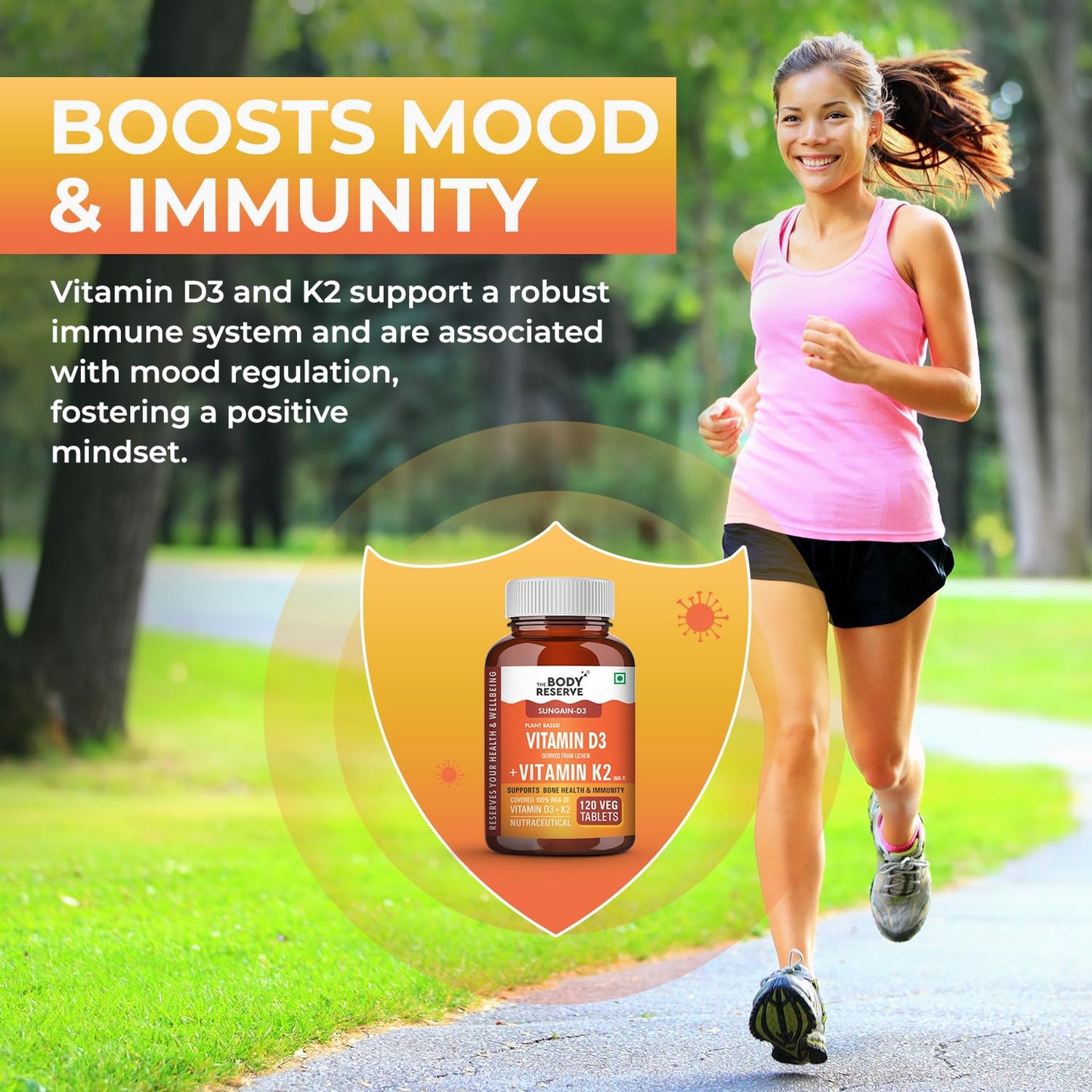 Woman running outdoors with a supplement bottle and text about Vitamin D3 and K2 benefits.