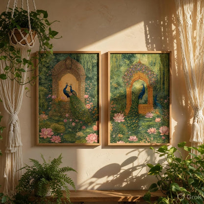 Royal Peacock Garden Wall Painting Set of 2 with Wooden Frames | Mughal Palace Peacock Artwork HD Sparkle Laminated MDF Wall Decor | Traditional Indian Wall Art for Living Room Bedroom