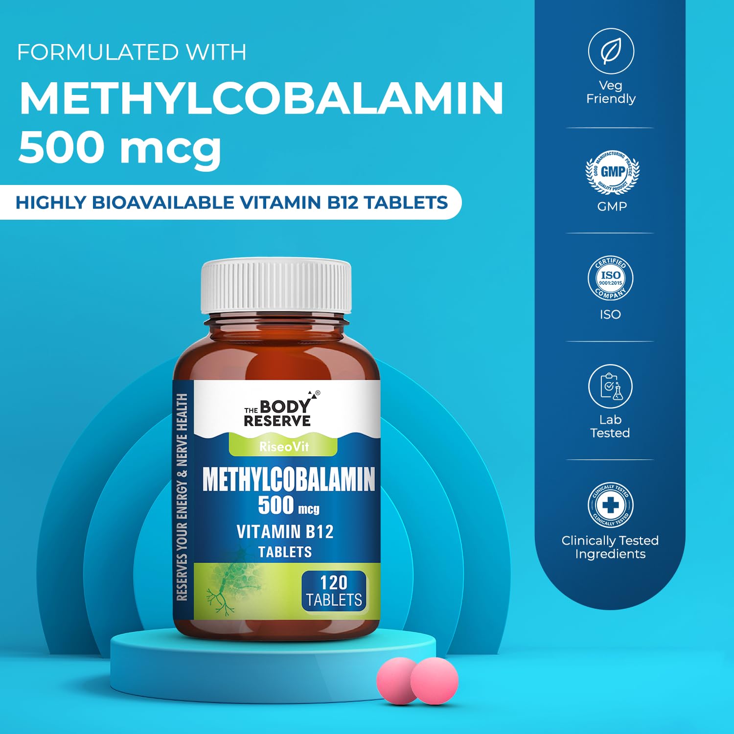 Body Reserve Methylcobalamin 500 mcg vitamin B12 tablets on a blue background