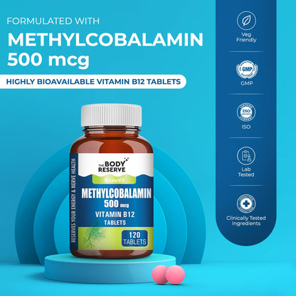 Body Reserve Methylcobalamin 500 mcg vitamin B12 tablets on a blue background