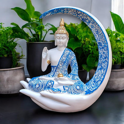Blue & White Meditating Buddha Idol – Resin Showpiece with Moon & Lotus Hand Base for Home Decor, Office & Spiritual Gift