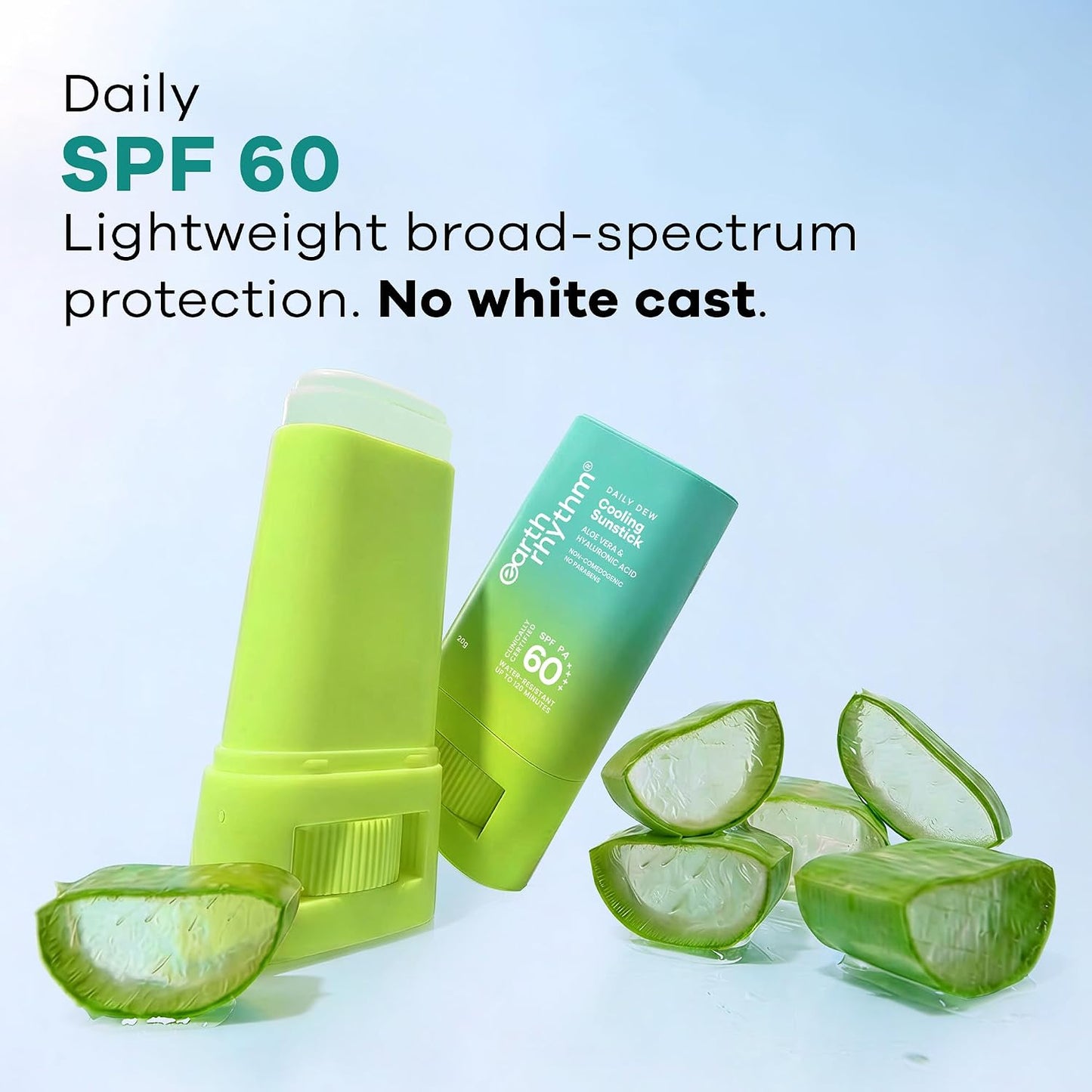 Earth Rhythm Daily Dew Cooling Sunstick SPF 60 PA ++++ with Hyaluronic Acid & Aloe Vera, In Vivo Tested