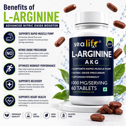 Sea Life L-Arginine AKG 1000 mg (60 Veg Tablets) | Boosts Stamina & Supports Rapid Muscle Pump | Nitric Oxide Precursor | Muscle Building Amino Acid | High Absorption L Arginine Supplement