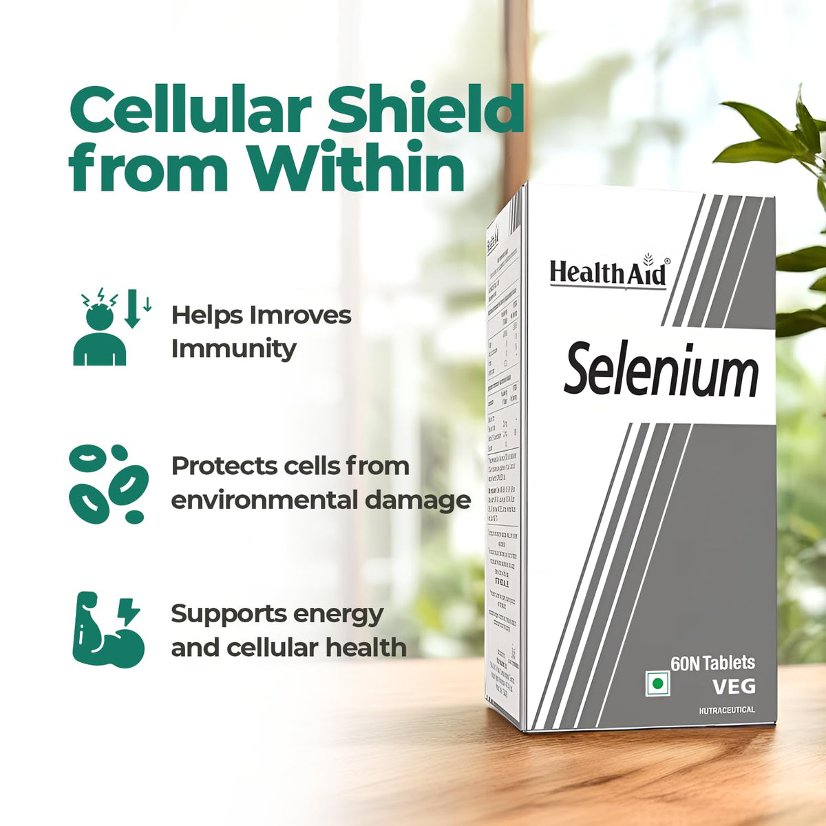 HealthAid Selenium Supplement | Yeast-Free Antioxidant for Immune & Thyroid Support | Promotes Cellular Protection & Heart Wellness | 60 Vegan Tablets(Pack of 1) | For Men & Women