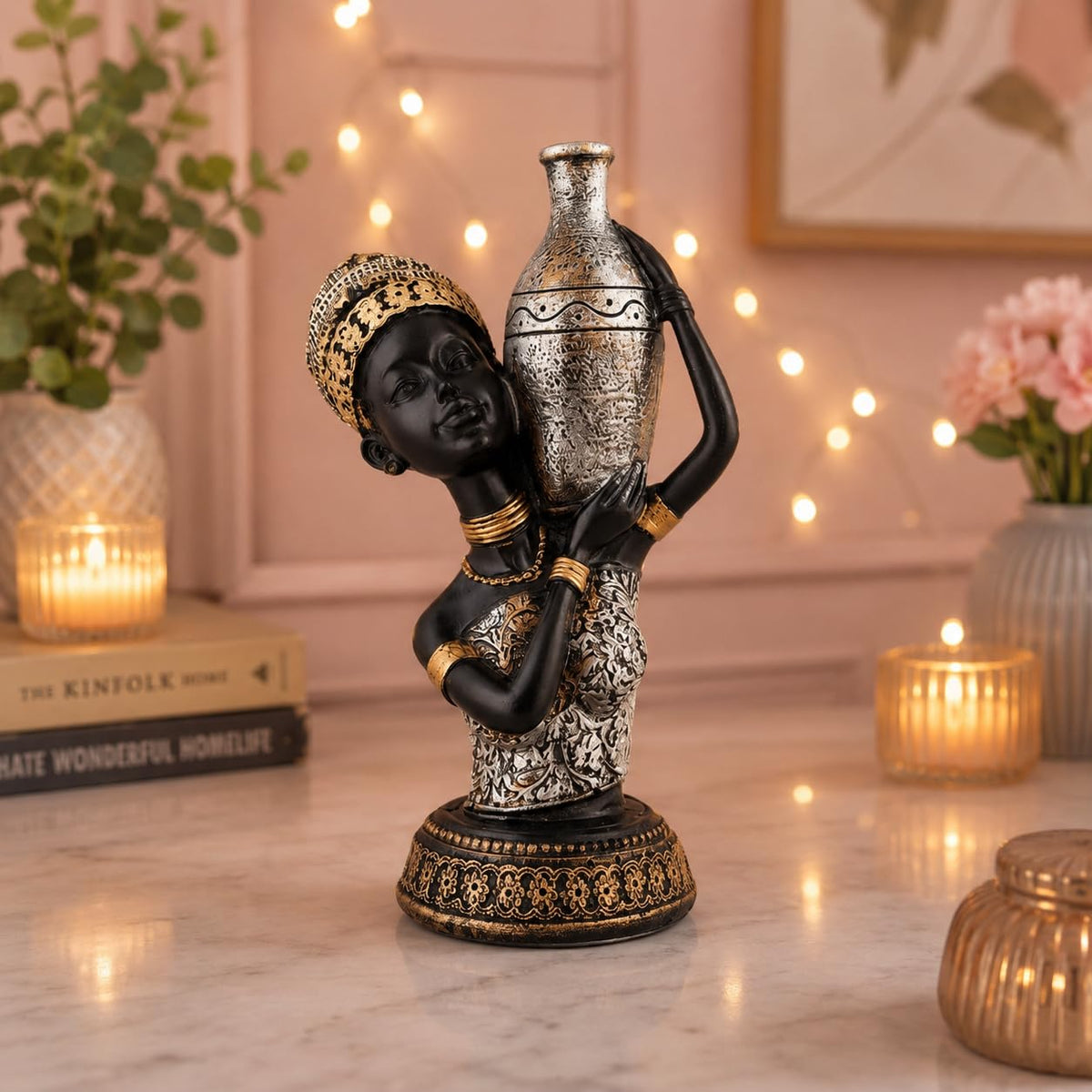 Beautiful African Lady with Pot for Table Décor | Home Décor (Pack of 1, Black,Silver & Golden)