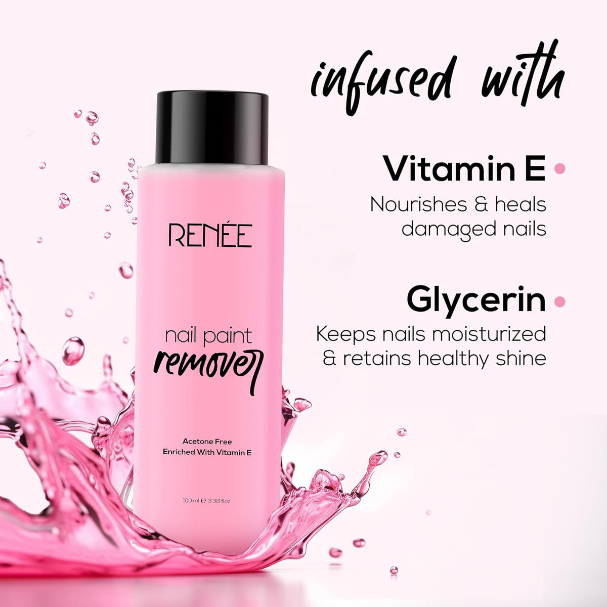 RENEE Nail Paint Remover, 100ml - Moisturizing, Acetone Free, with Vitamin E & Glycerin for Nourished, Stain Free Nails - Quick, Effective, Gentle Nail Polish Remover for All Types of Nail Polish
